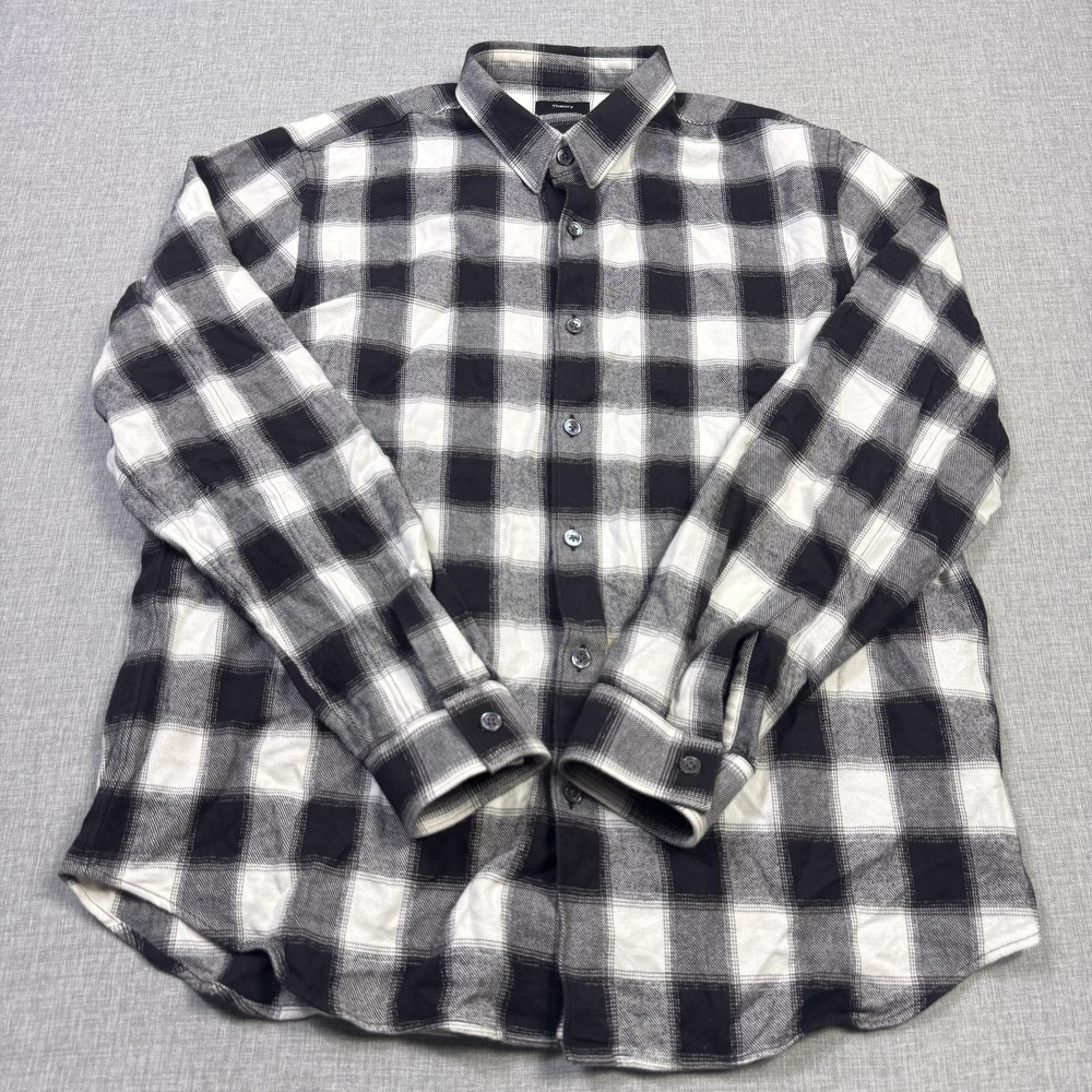 Theory Flannel Shirt Mens XL Black White Plaid Long‎ Sleeve Button Cotton Casual - Picture 5 of 11